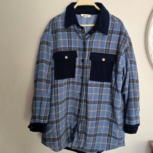 Oversized shacket, jacket plaid blue solid pockets comfy fall ee:some lined long